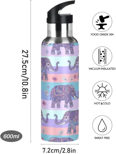 Miniatura 9 de Elephants Insulated Stainless Steel Water Bottle with Straw 20 Oz Leakproof Water Bottles, BPA-Free Sports Water Bottle with Straw