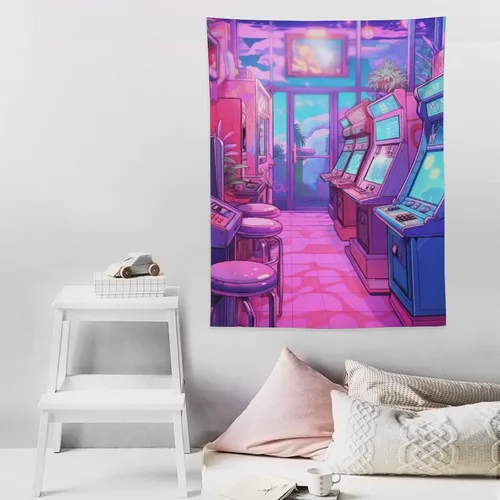 Miniatura 8 de josnmre Tapiz grande de anime de los años 80 con efecto retrowave neón Synthwave para colgar en la pared, decoración de dormitorio, sala de estar
