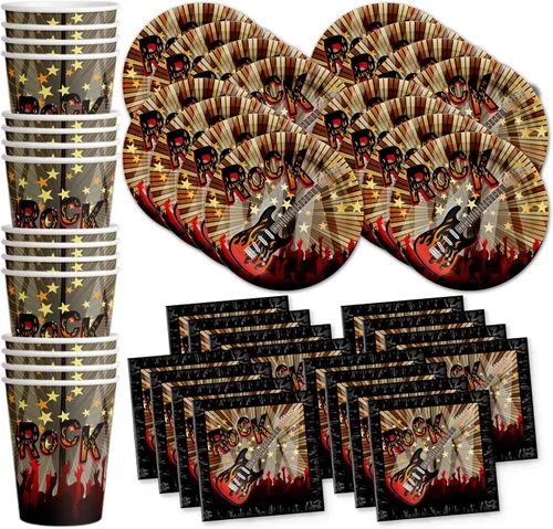 Birthday Galore Rock Star - Juego de suministros para fiestas, platos, servilletas, vasos, vajilla para 16