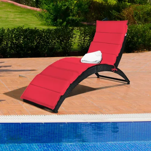 Miniatura 2 de COSTWAY Sillón plegable de ratán para exteriores, tumbona de mimbre para patio con cojín suave, soporte ergonómico con forma para tomar el sol, Rojo