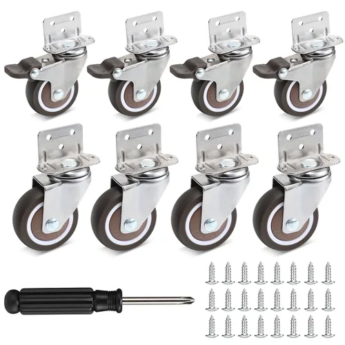 Paquete de 8 ruedas giratorias en forma de L de 2 pulgadas, ruedas de montaje lateral con freno, ruedas pequeñas, ruedas giratorias de 360 grados