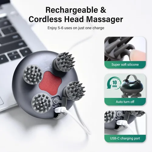 Miniatura 5 de arboleaf Masajeador eléctrico para el cuero cabelludo, masajeador de cabeza portátil para relajar el estrés del cuero cabelludo, impermeable, 6 en 1
