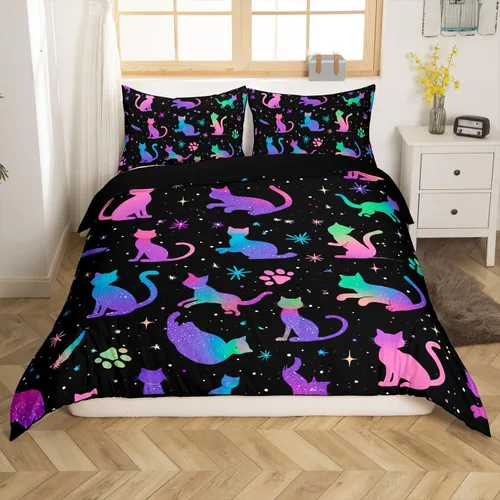 Miniatura 12 de Erosebridal Juego de funda de edredón con diseño de gato y fresa, tamaño individual, diseño de caricaturas, arcoíris, con temática de animales