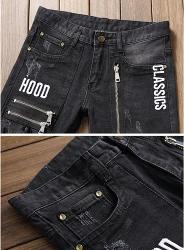 Miniatura 3 de Cremalleras para hombre con letras bordadas negro elástico Denim Jeans Agujeros de moda rasgados desgastados Pantalones delgados Pantalones