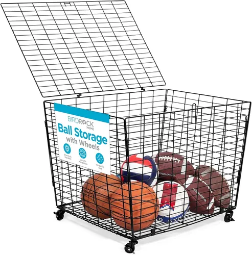 BIRDROCK HOME Organizador de cesta de pelotas deportivas con ruedas y ruedas resistentes, ideal para baloncesto, fútbol, béisbol, armario de