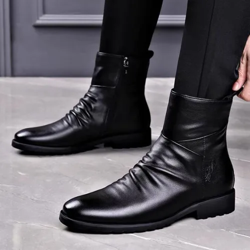 Miniatura 7 de Botines de vestir de cuero negro para hombre, botas cortas casuales de negocios con cremallera para otoño e invierno 2023