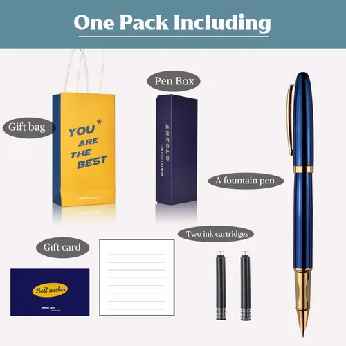 Miniatura 6 de Ancolo Pluma estilográfica personalizada con cuerpo de metal con caja para bolígrafos, 2 cartuchos de tinta negra personalizados con tu mensaje