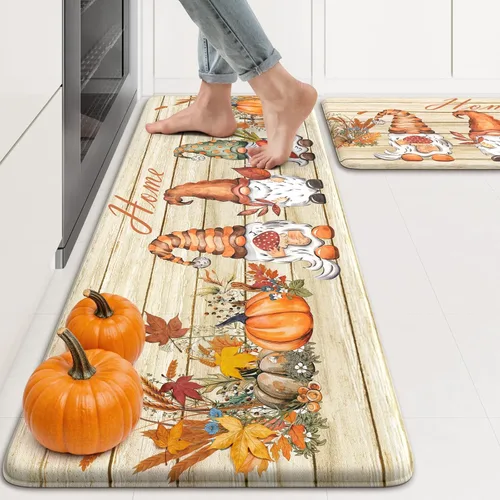 Miniatura 10 de KIMODE Tapetes Antifatiga para Piso de Cocina 17"x47"+17"x29", Juego de 2 Alfombras de Cocina a Cuadros Marrón y Blanco, Tapete de Cocina