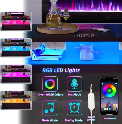 Miniatura 3 de AHB Mesas de centro contemporáneas para sala de estar, mesa de centro LED con esquina redondeada en 16 colores, mesa de 2 niveles de alto brillo