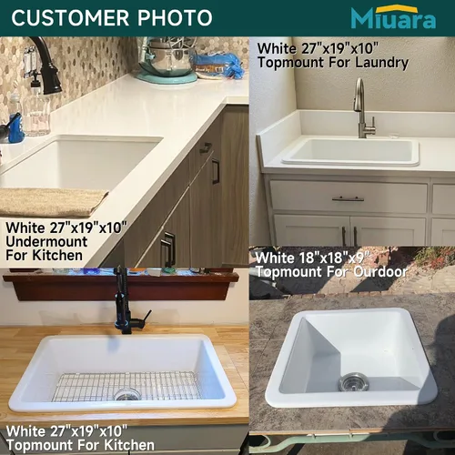 Miniatura 6 de Miuara Fregadero de barra de montaje inferior blanco de 18 pulgadas - Fregadero de cocina pequeño de montaje superior empotrable de 18"x18"x9