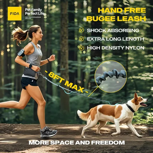 Miniatura 2 de Fida Correa de perro 3 en 1 manos libres con bolsa de cremallera, correas elásticas y reflectantes – Correa ajustable de 5 a 8 pies para correr
