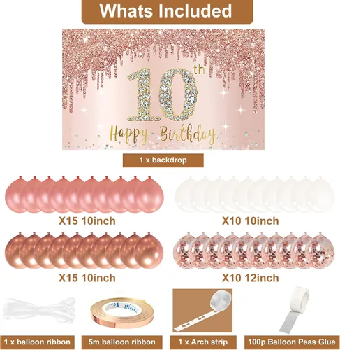 Miniatura 2 de Cartel de feliz cumpleaños número 10 con arco de guirnalda de globos de confeti, juego de globos de oro rosa para niñas, póster rosa de cumpleaños