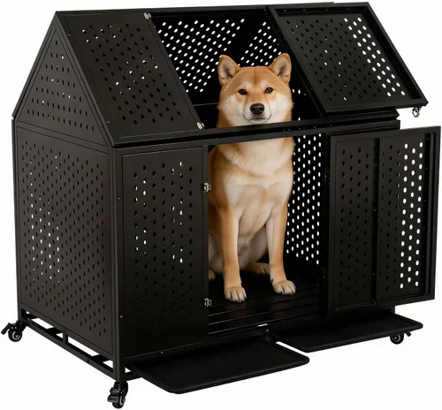 Jaula para perros indestructible de 44 pulgadas con ruedas, jaula de acero a prueba de escapes para interiores, doble puerta, alta ansiedad,