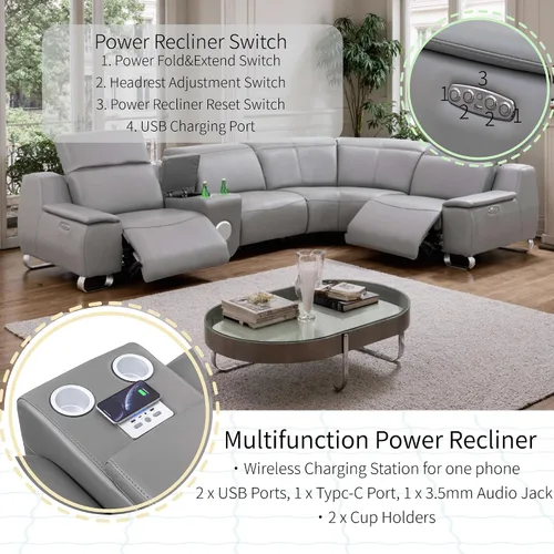 Miniatura 3 de Juego seccional de cuero de grano superior para sala de estar, puerto de carga USB, sillón reclinable eléctrico convertible para casa, sala