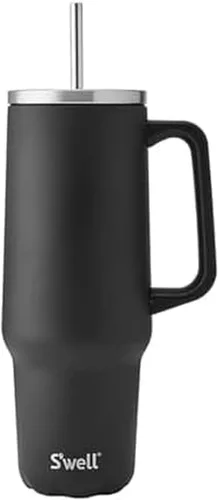 Miniatura 16 de S'well Vaso de acero inoxidable reciclado XL con popote y asa, 40 onzas, azurita, contenedor aislado al vacío de triple capa mantiene las bebidas