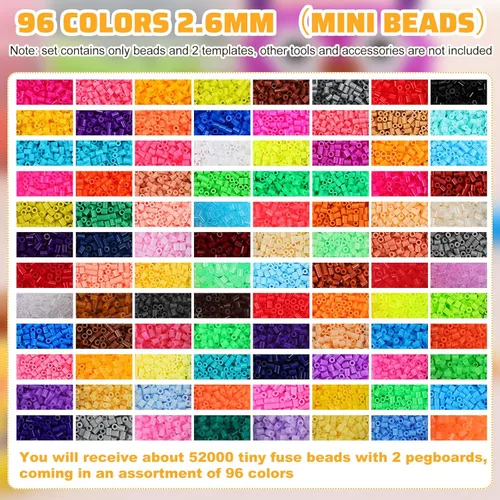 Miniatura 3 de Lenwen 52000 cuentas de fusible, 96 colores, 0.096 pulgadas, mini, fusible, cuentas derretidas con tableros de clavijas, juego de repuesto creativo