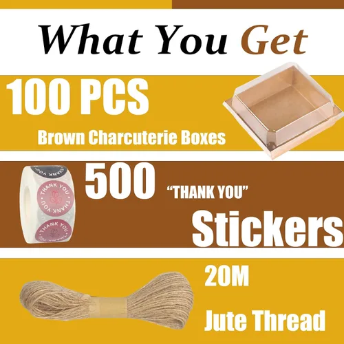 Miniatura 4 de Paquete de 100 cajas de charcutería con tapas transparentes, caja de panadería de papel Kraft To Go de 5 pulgadas con 500 calcomanías, cuerda