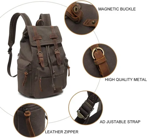 Miniatura 2 de koolehaoda Mochila de lona vintage unisex casual para laptop de 12 a 17 pulgadas, mochila de viaje, camping, senderismo (L, verde militar)