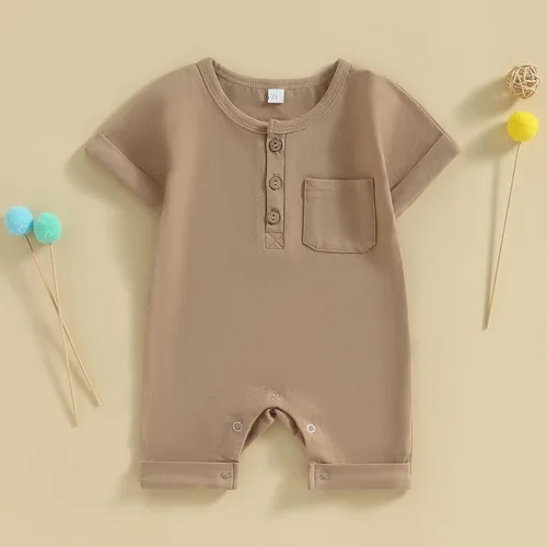 Miniatura 3 de Mubineo Mameluco de manga corta para bebé, niño, niña, verano, otoño, básico, liso, con botones