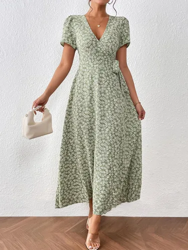 Miniatura 4 de OYOANGLE Vestido largo de manga corta con cuello en V y estampado floral bohemio para mujer