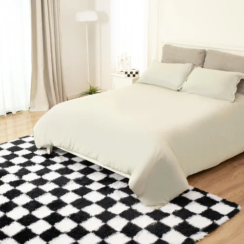Miniatura 8 de Alfombra de área súper suave en blanco y negro, de 5 x 7 pies, alfombra clásica a cuadros de pelo alto mullida para dormitorio, sala de estar, Negro