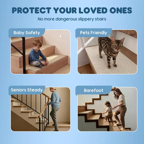 Miniatura 7 de GOYLSER Peldaños antideslizantes para escaleras de madera en interiores, 15 piezas de alfombrillas para escalones beige con respaldo de goma