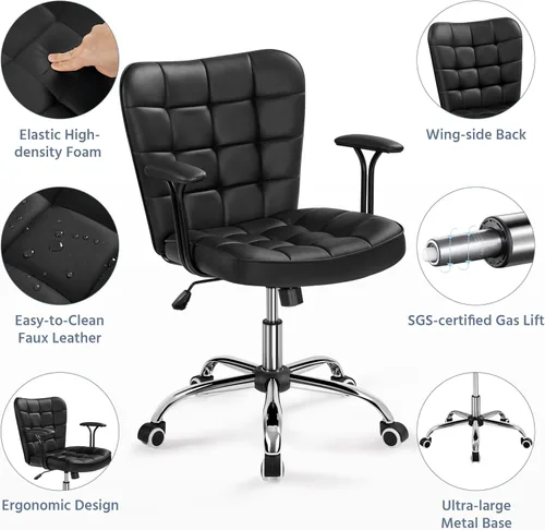 Miniatura 5 de Yaheetech Silla de escritorio de piel sintética con respaldo medio, ajustable, inclinable, moderna, tapizada, con reposabrazos acolchados Blanco