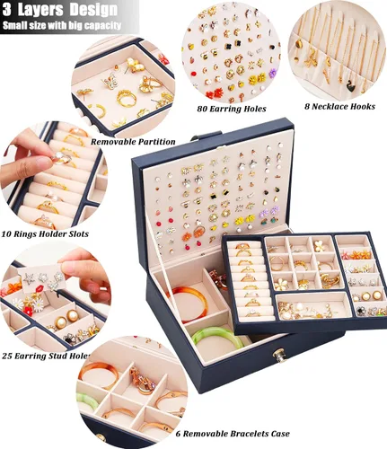 Miniatura 162 de Joyero de pendientes para mujeres y niñas, organizador de aretes de 5 capas, caja organizadora de joyas blanca con candado, collares y aretes