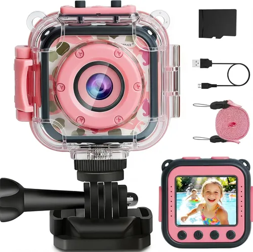 PROGRACE Cámara impermeable para niños - Cumpleaños para niñas de 3 a 12 años, cámara de video HD 1080P submarina para niños, juguetes para piscina,