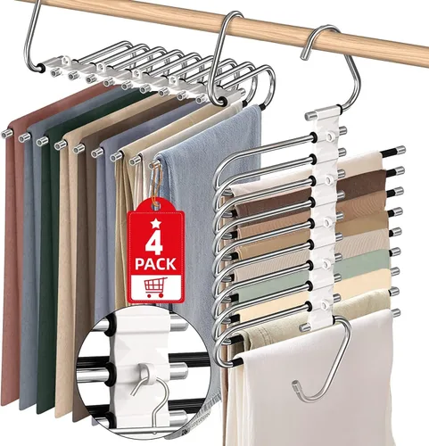 Miniatura 10 de Perchas para pantalones de 9 niveles que ahorran espacio, paquete de 2 organizadores multifuncionales de acero inoxidable para armario para Blanco