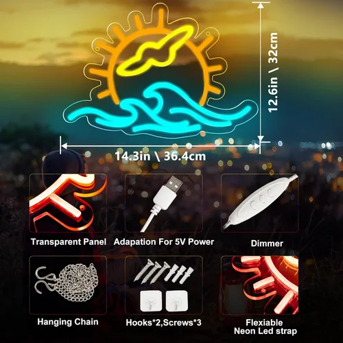 Miniatura 2 de Letrero de neón Sunset Seabird para decoración de pared, letrero de onda de neón con luz LED, letreros LED para pared de dormitorio, letreros