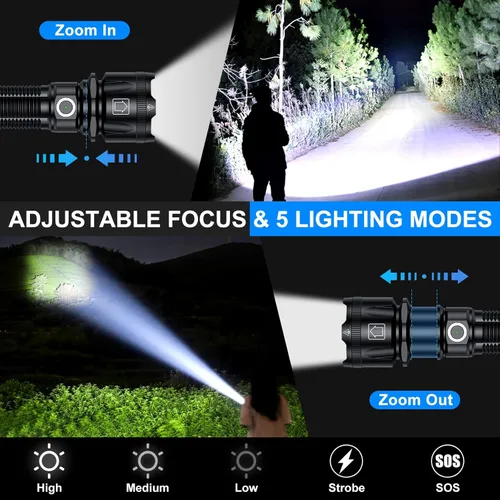 Miniatura 2 de Linternas de alto lúmenes, 1800.000 lúmenes, linterna recargable súper brillante con 5 modos de luz, zoomable, IP67 impermeable, linterna LED