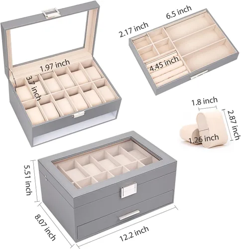 Miniatura 2 de Voova Joyero organizador de cajas de reloj para hombres y mujeres 2 capas grandes de 12 ranuras de piel sintética estuche de almacenamiento