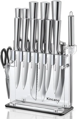 Juego de cuchillos, 14 cuchillos de cocina de acero inoxidable de alto carbono súper afilados para chef con soporte acrílico, incluye cuchillos para
