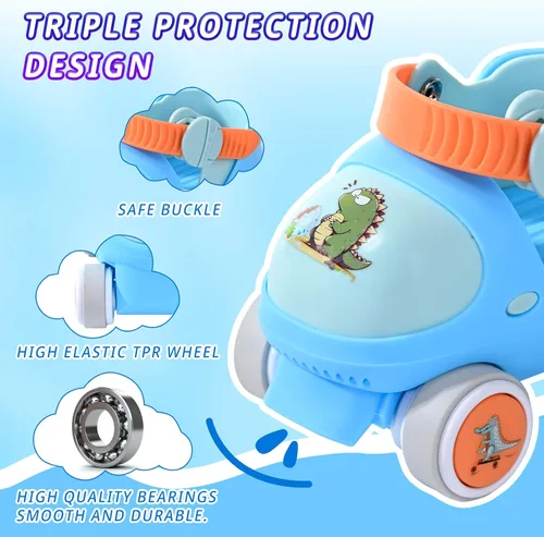 Miniatura 6 de Patines Infantiles Ajustables de Cuatro Ruedas para Niños y Niñas, con Ruedas con Bloqueo para Principiantes, Bebes, Edad de 2 a 6 Años Dino Azul