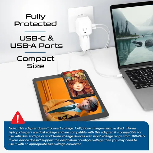 Miniatura 8 de Ceptics Conjunto de Viaje de Adaptador de Corriente de Sudáfrica - 20W PD y QC, Rápido y Seguro con USB Dual y USB-C - 2 Tomas de EE.UU. - Usar