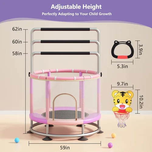 Miniatura 2 de Trampolín de 60 pulgadas para niños, trampolín para bebés y niños pequeños de fondo redondo antivuelco con aro de baloncesto, minitrampolín