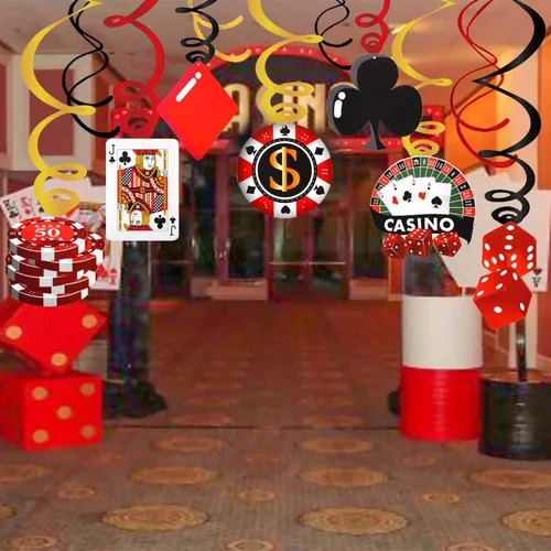 Miniatura 6 de 30 piezas de remolinos colgantes de casino para fiestas temáticas de póquer, decoración de techo para fiesta de cumpleaños de Las Vegas Casino Night