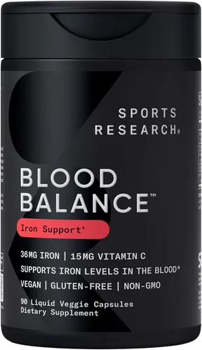 Sports Research® Suplemento de hierro para el equilibrio sanguíneo – 36 mg de hierro + folato y vitamina C para absorción – Soporte de glóbulos