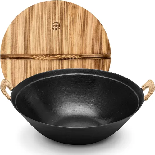 Miniatura 10 de WANGYUANJI Wok de hierro fundido hecho a mano de 14.2 pulgadas, sartenes grandes para freír con doble mango, sartén adecuada para inducción