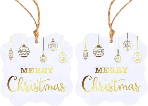 100 etiquetas de regalo de Navidad con cuerda, etiquetas de regalo y regalo de vacaciones, etiquetas de regalo de papel de aluminio dorado de