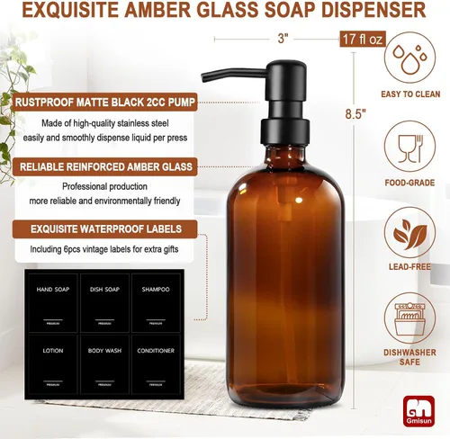 Miniatura 3 de Dispensador de jabón de vidrio ámbar GMISUN, juego de 2 dispensadores de jabón de mano para baño con bomba de acero inoxidable, juego de dispensador