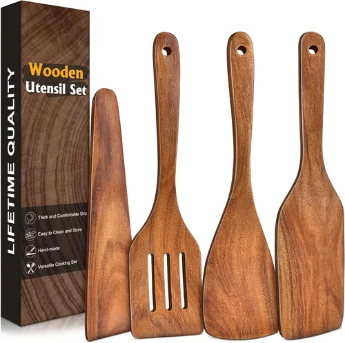 Miniatura 9 de Juego de 2 espátulas de madera, espátula turner sólida y ranurada de acacia, espátulas planas de freír con mango largo, regalo de cocina ideal
