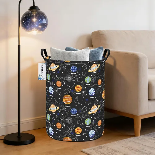 Miniatura 6 de Cesta de lavandería para niños, grande, plegable, redonda, con sistema solar, con temática espacial, organizador de planetas de tela impermeable