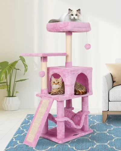 Miniatura 9 de Linda torre de árbol para gatos de interior con poste rascador para actividades modernas, hamaca colgante de bola con tabla beige