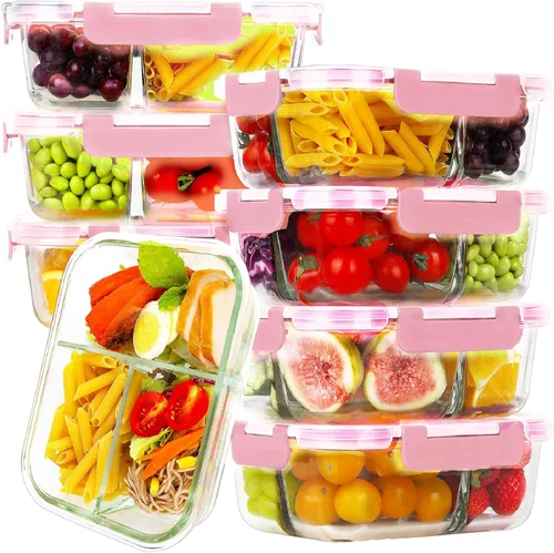 Miniatura 10 de HOMBERKING - Paquete de 8 contenedores de vidrio para preparación de comidas, 3 compartimentos, contenedores de vidrio para almacenamiento