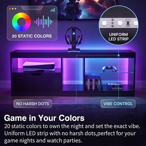 Miniatura 3 de JUMMICO Soporte de TV, centro de entretenimiento LED, soporte de TV para juegos para TV de más de 65 pulgadas, parte superior de fibra de carbono