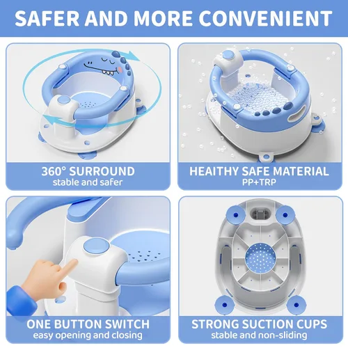 Miniatura 4 de Asiento de baño para bebé TPN para bebés de 6 meses en adelante, asiento de baño antideslizante para niños pequeños con 5 calcomanías de emoji Azul