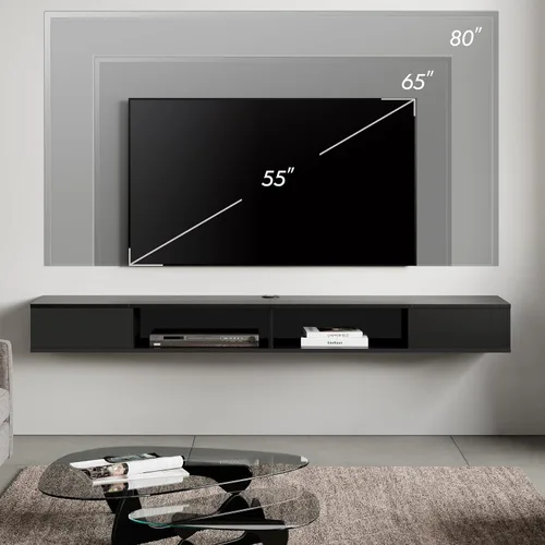 Miniatura 9 de WAMPAT Soporte de TV flotante negro de 70 pulgadas, centro de entretenimiento de montaje en pared para TV de 75 pulgadas, consola multimedia
