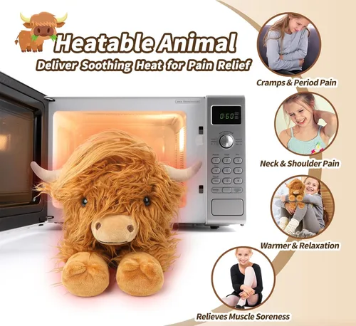 Miniatura 3 de Highland Cow - Animales de peluche para microondas, almohadilla térmica para calambres, alivio del dolor y estrés, calentable y refrigerable